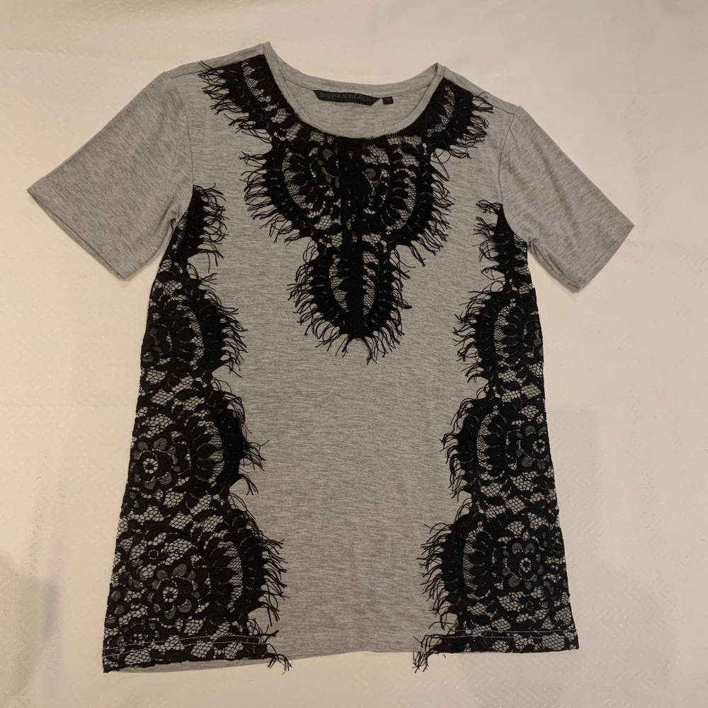 Grey Tshirt with Black Lace, Silvian Heach, Small